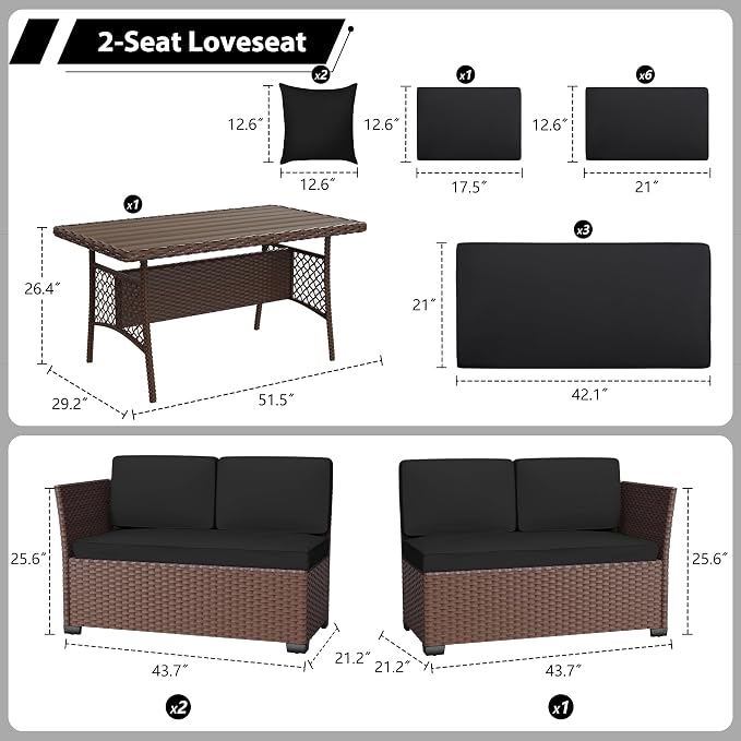 KIGOTY 7 Piece Patio Furniture Set, Outdoor PE Wicker Rattan Outdoor Dining Set, Patio Table and Chairs Set, Patio Conversation Sofa Set with Dining Table and Ottoman(Brown-Black)