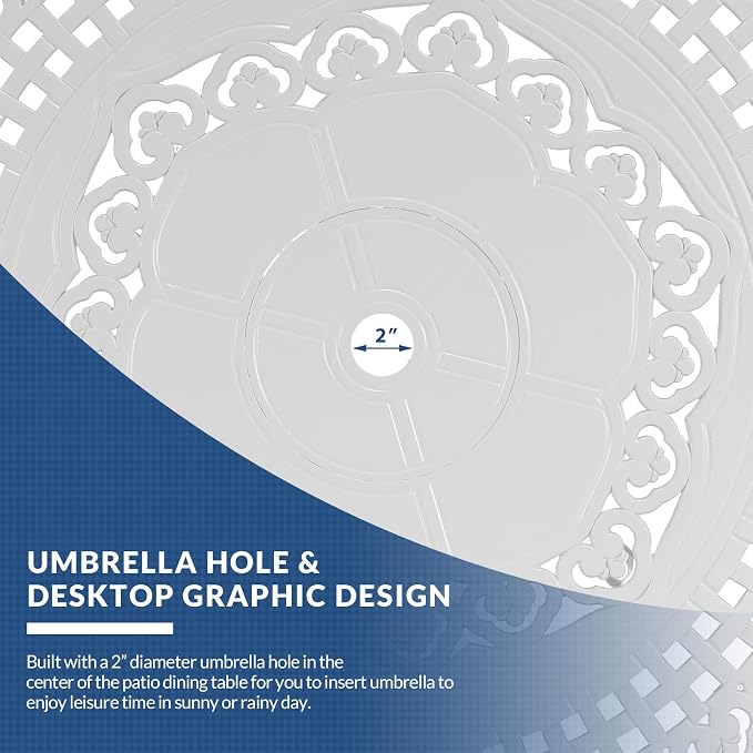 38.5 Inch Outdoor Dining Table Round Patio Table Bronze Cast Aluminum Rustic Large Table with Umbrella Hole, White