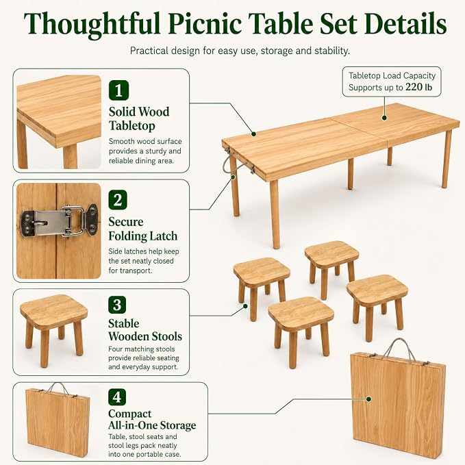 Folding Wooden Picnic Table Set with 4 Stools, All-in-One Storage Box Design Portable Solid Wood Dining Set for Indoor Home, Outdoor Camping, Beach and Patio