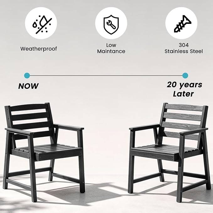 LOUNZY 7 Piece Patio Dining Set for 6, Outdoor Table and Chairs,Black | 75.2” table,6 seat patio dining set, HDPE wood-look, fade resistant and waterproof, low maintenance outdoor furniture