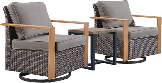 Outdoor Patio Swivel Rocker Chairs - 3 Piece Wicker Patio Furniture Bistro Set with 2 Swivel Rocking Chairs and 1 Metal Side Table,Thick Cushions,Deep Seating for Deck Porch Garden(Brown/Grey)