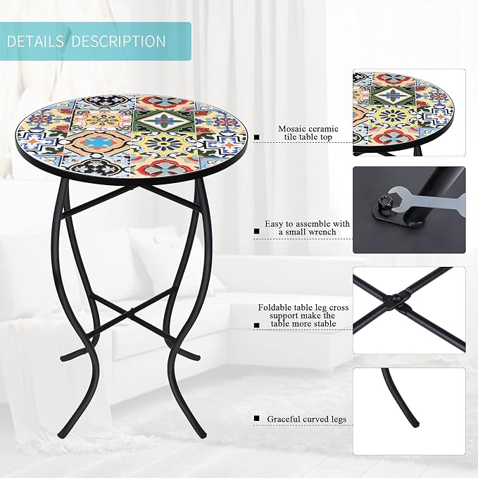 VCUTEKA Mosaic Outdoor Side Table - Small Patio Table Coffee Outside Accent Tables Round End Plant Tables for Bistro Balcony Porch Outdoor Benches 14'' Muti Yellow