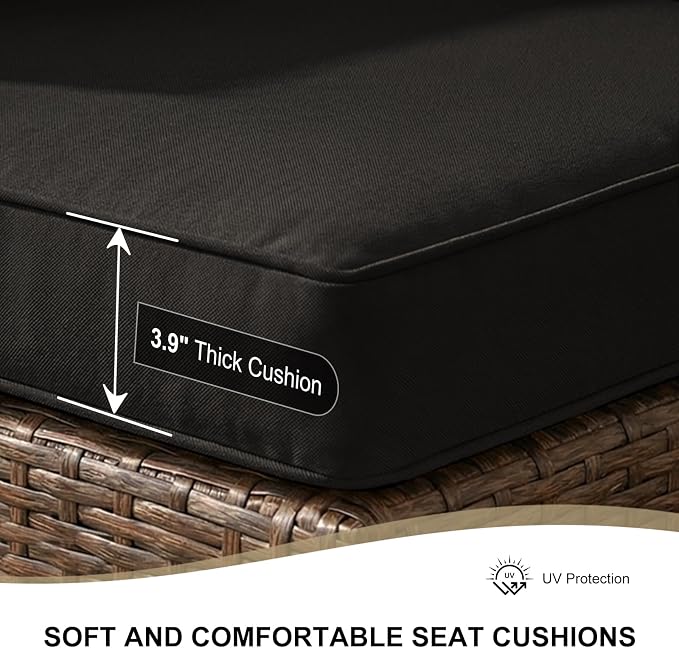 5 Pieces Patio Furniture Set with Glass Table, Outdoor PE Rattan Sectional Sofa with Soft Cushions for Backyard, Porch, and Poolside (Black, 5 PCS w/Table)