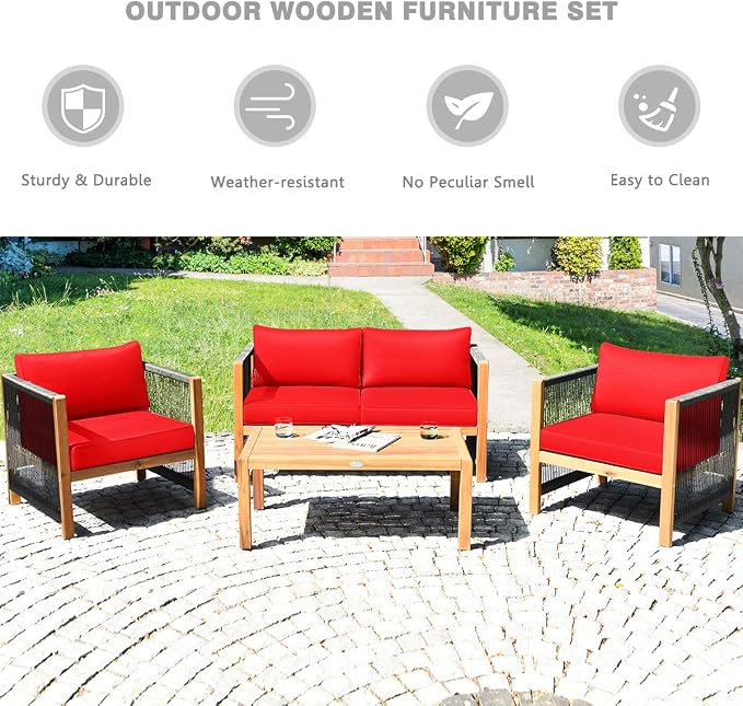 Tangkula Outdoor Wood Furniture Set, Acacia Wood Frame 2 Loveseat Sofa, 4 Single Chairs and 2 Coffee Table, 8 Pieces Conversation Set with Cushions, Garden Balcony Poolside Outdoor Living Set (2, Red)