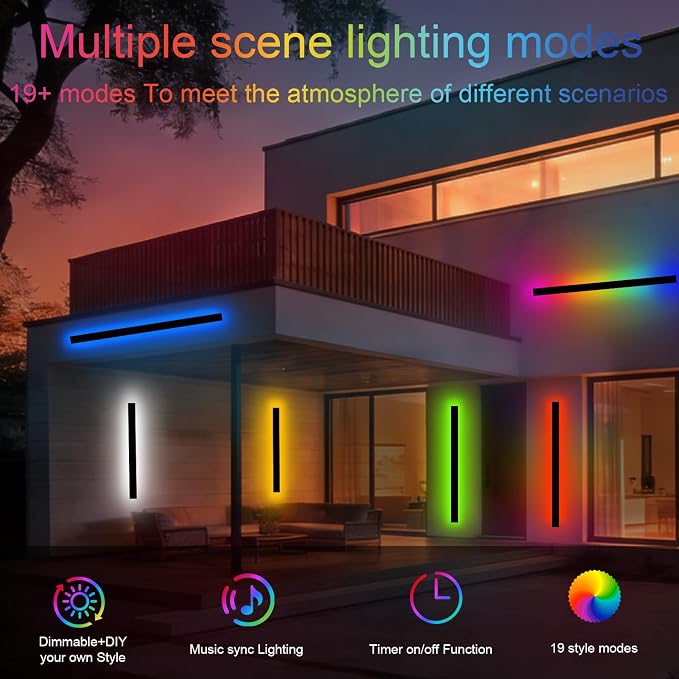 RGB Outdoor Wall Lights, Ip65 Waterproof Linear Led Modern Wall Sconce, 7 Colors and 358 Light Effects, Dimmable with Remote Modern Linear Exterior Light Fixture 47.25 inch (2 Pack)
