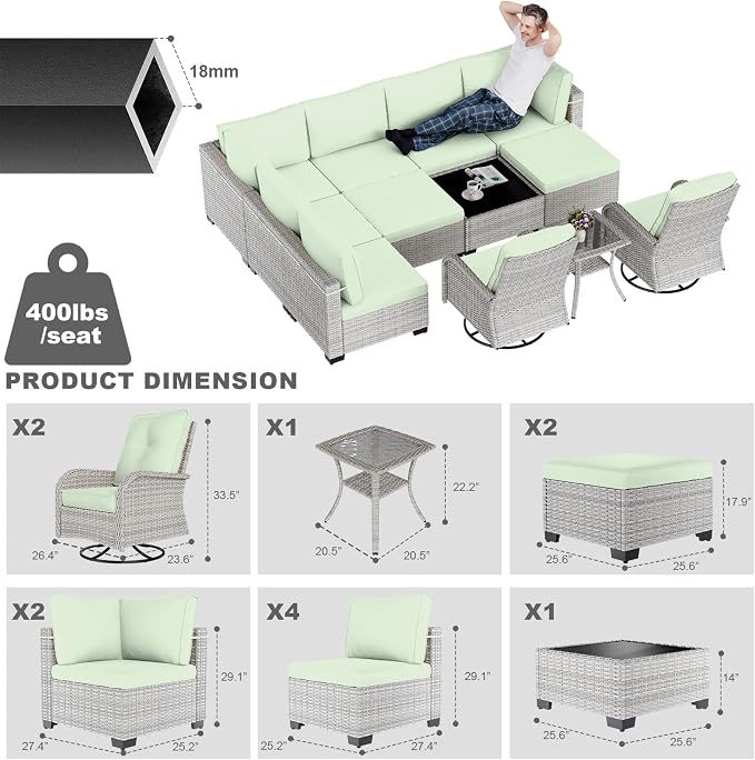 12-Piece Patio Furniture Set, Outdoor Patio Furniture with Swivel Chairs Set, Ottomans, Modular Patio Sofa, Dual-Strand Rattan, Rust-Resistant Frame, Light Green
