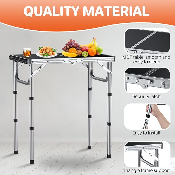 FUNYKICH 2ft Small Folding Camping Table(L22.8'' xW15.7''), 3 Height Adjustable Portable Picnic Table, Lightweight Aluminum Outdoor Tables with Carry Handle for Camping, Picnic, Silver