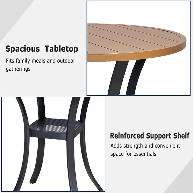 27.6" Round Patio Table, Metal Outdoor Dining Table for Garden, Backyard and Deck, Small Round Patio Dining Table for Outside, Walnut