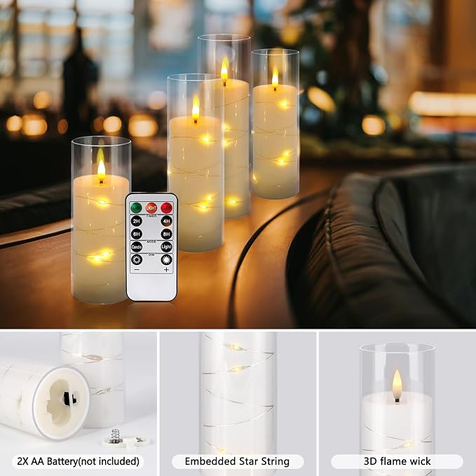 YOROXRG Flickering Flameless Candles Battery Operated with Remote,Led Pillar Candles with Realistic Moving Wick Candles for Halloween,Christmas,Home Decor Pack of 12 (D2.2 xH 5" 6" 7")(White)