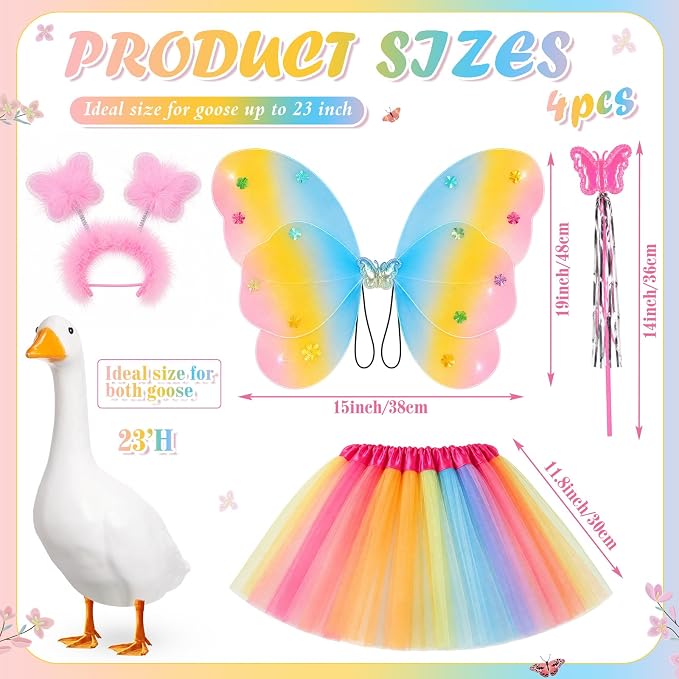 5pcs Butterfly Porch Goose Outfit Costume Tutu Skirt Butterfly Wing Wand Flower Crown for 17‘' 23‘' Cement Goose