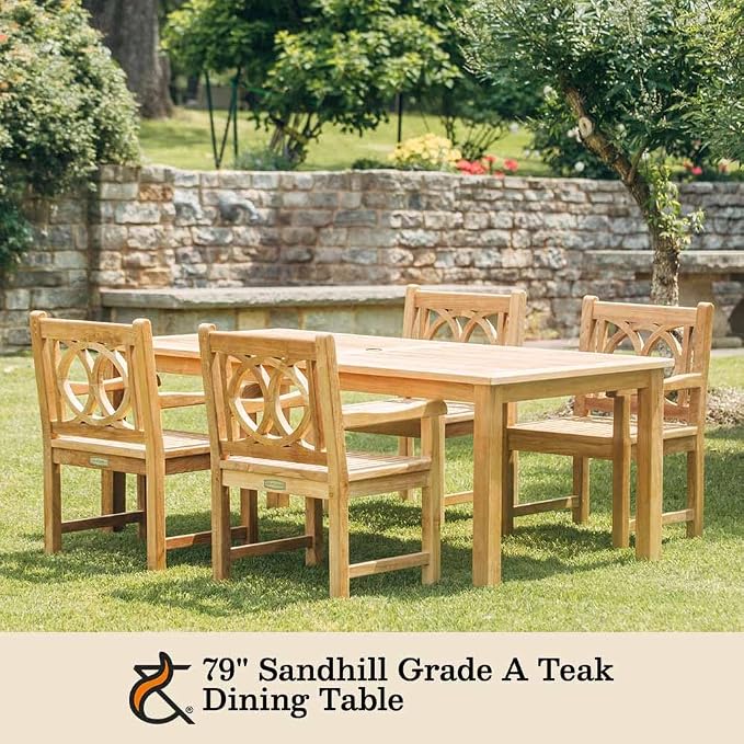 TITAN GREAT OUTDOORS Ash & Ember Sandhill Grade A Teak Dining Table, 79" Outdoor Patio Wood Table, Premium Joinery, Hand-Sanded Craftsmanship, Solid Brass Hardware, Fits Standard Patio Umbrellas