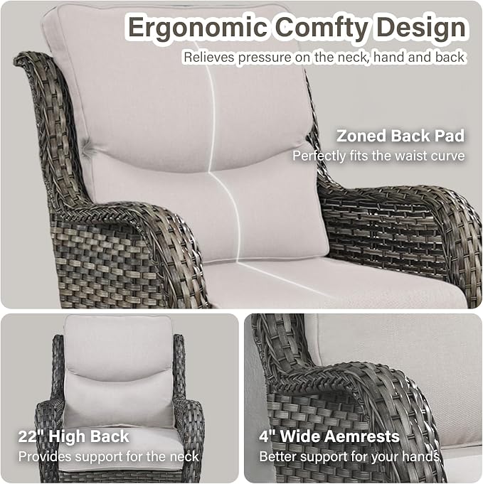 Outdoor Swivel Rocker Patio Chairs Set of 4 with Ottoman Coffee Table - 5" Thick Cushion 8 Piece Furniture Set All Weather Comfortable Wicker Conversation Set for Porch Deck - Gray/Beige