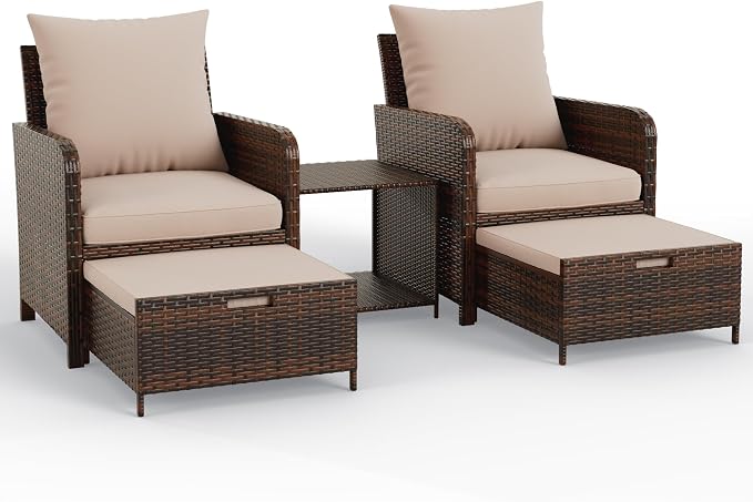 UDPATIO Balcony Furniture Outdoor Patio Chair with Ottoman for Small Space, 5 Piece Wicker Patio Furniture Set with Side Table, Khaki