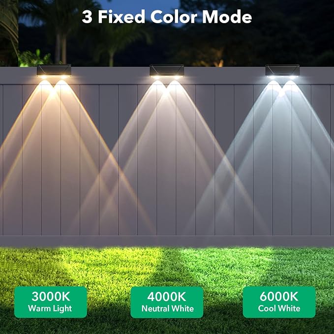 Solar Fence Lights Outdoor - 3 Color Modes(3000K/4000K/6000K), IP55 Waterproof Solar Lights, Fence Light Solar Powered for Outside, Backyard, Railing, Steps, Patio and Wall Lighting (2PK)