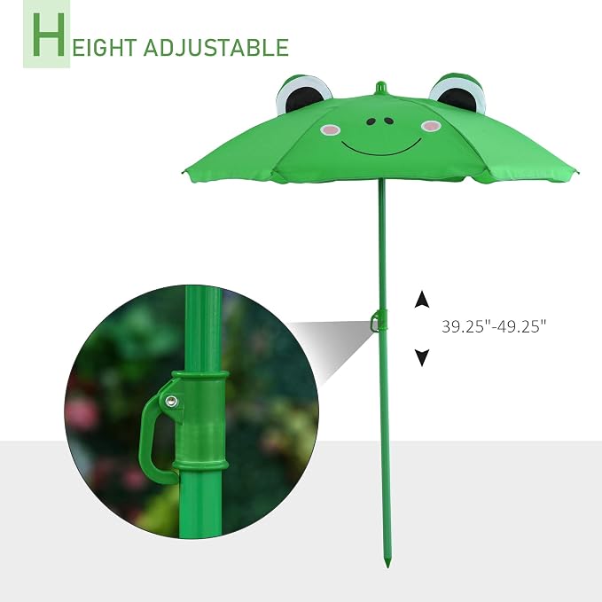 Outsunny Folding Kids Table and Chair Set, Picnic Table with Frog Pattern Removable & Height Adjustable Sun Umbrella for Garden, Backyard, Green