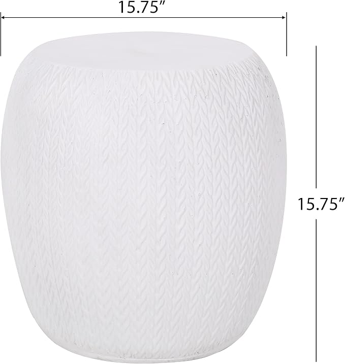 Outdoor Side Table 15.75" Drum Shape Lightweight Concrete-Look Outdoor Indoor Accent Table Decorative Garden Stools, for Patio Porch Living Room, White