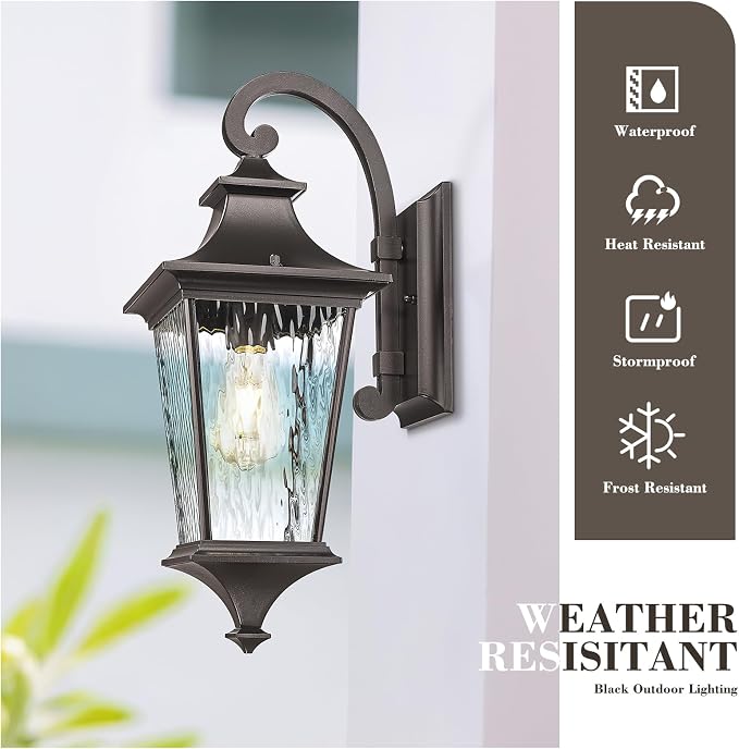 Emliviar Outside Wall Sconce Light Fixture, 21.1 Inch Rustic Wall Lantern with Water Ripple Glass, Outdoor Patio Light in Oil Rubbed Bronze Finish for Entryway, XE292B-M ORB SW