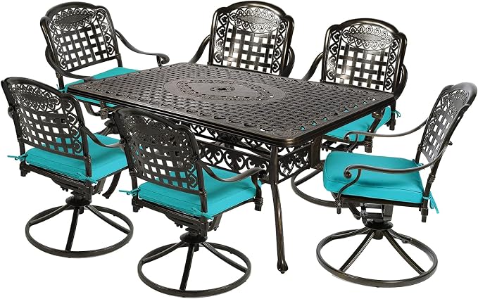 MEETWARM 7-Piece Outdoor Patio Dining Set, All-Weather Cast Aluminum Patio Conversation Set with 6 Cushioned Swivel Rocker Chairs for Backyard Garden Deck, 1 Rectangular Table, Ocean Blue