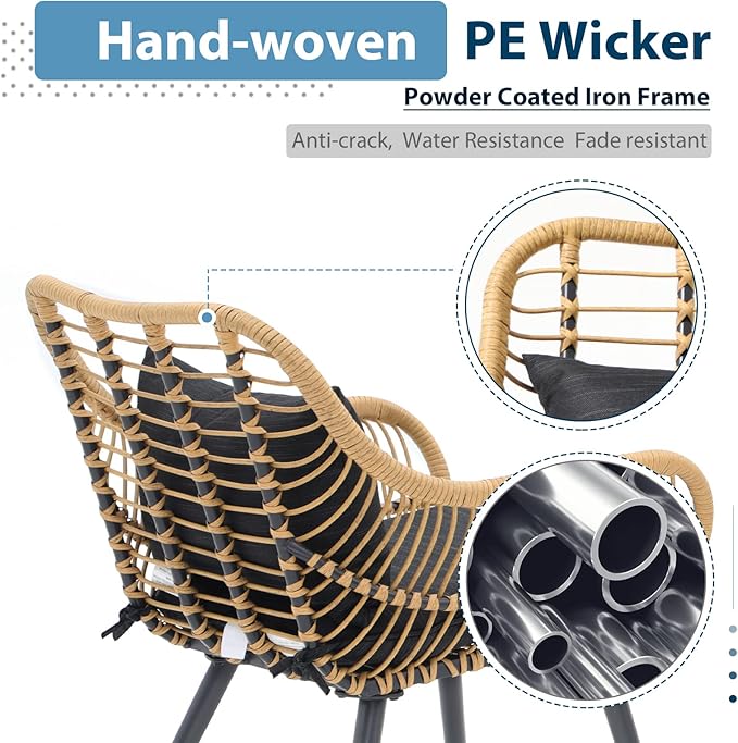 JOIVI 2 PCS Outdoor Patio Chairs, Wicker Dining Chairs with Armrest, Black | Set of 2, All-Weather Outdoor Seating with Iron Frame, w/Seat Cushions, Balcony Furniture for Apartments, Porch, Backyard