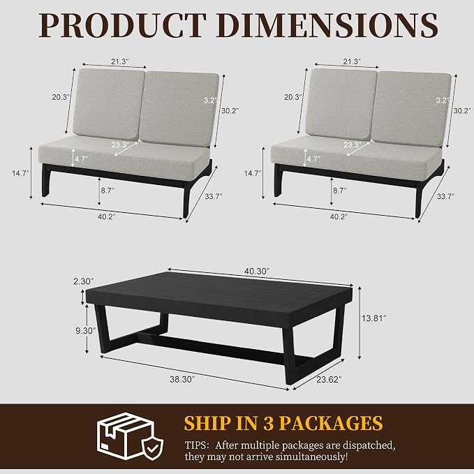 All Weather Patio Furniture Sets, 3 Pieces Black Wood Patio Loveseat Sofa Outdoor Sectional Futniture Backyard Conversation Set with Solid Wooden Coffee Table - Light Camel