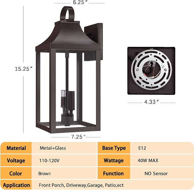 15" Outdoor Wall Lantern 2-Light, Outside Wall Sconce Light Fixture | Industrial Porch Light Wall Mount with E12 Sockets, Waterproof Modern Exterior Lamp Lighting, Brown (No Sensor)