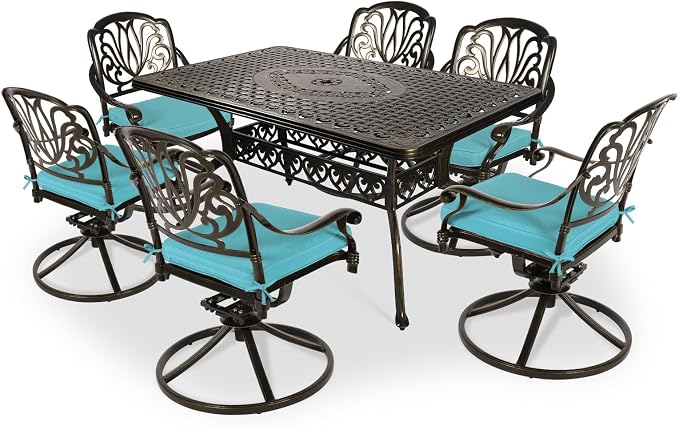 VIVIJASON 7-Piece Outdoor Furniture Dining Set, All-Weather Cast Aluminum Conversation Set Includes 6 Swivel Dining Chairs and a Rectangle Table with Umbrella Hole for Patio Garden, Ocean Blue Cushion