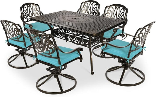 VIVIJASON 7-Piece Outdoor Furniture Dining Set, All-Weather Cast Aluminum Conversation Set Includes 6 Swivel Dining Chairs and a Rectangle Table with Umbrella Hole for Patio Garden, Ocean Blue Cushion