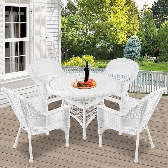 Pemberly Row 5-Piece Resin Wicker Outdoor Patio Dining Set, White Finish, Includes 4 Chairs and 1 Table, Steel Frame, All-Weather Fade-Proof Wicker, Durable Design for Deck, Patio, or Poolside Use