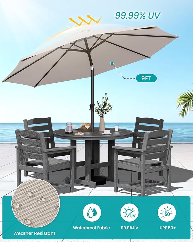 SERWALL 6-Piece Patio Dining Sets, HDPE Outdoor Table and Chairs Furniture Set with Umbrella, 45" Round Dining Table & 4 Dining Chairs & 1 9FT Umbrella, Gray(Not Include Umbrella Base)
