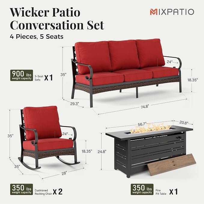 MIXPATIO Patio Furniture Set with Firepit Table, Black Frame Outdoor Conversation Set with 2 x Rocking Chairs, 1 x 3-Seat Sofa for Lawn Garden Backyard, Red