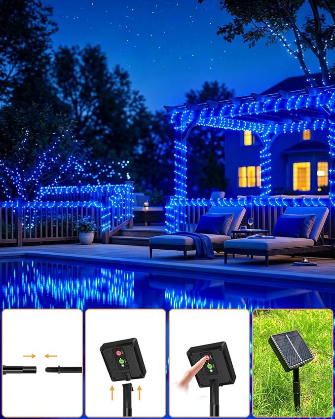 btfarm Solar Rope Lights, 120LED 46FT Solar String Lights Outdoor Waterproof, 8 Lighting Modes Solar Powered Strip Trampoline Light for Outside Garden Tree Christmas Yard Patio Decor, Blue