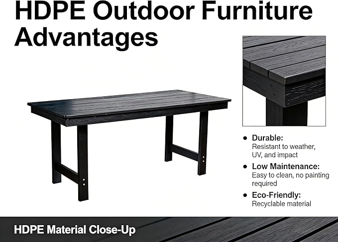 KEIKI 66.9" HDPE Outdoor Table, All Weather Patio Table with Umbrella Hole,Waterproof & Fade Resistant, Wood Grain Finish, Easy Assembly Patio Furniture for Garden Balcony Poolside Backyard, Black