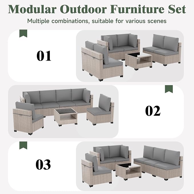 11 Pieces Patio Furniture Set, Outdoor Sectional Wicker Sofa with Thick Cushions and Storage Coffee Table, Rattan Patio Conversation Sets for Deck Garden Poolside, Grey