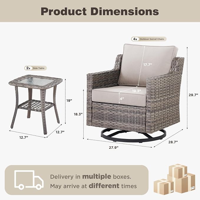 Belord Patio Wicker Swivel Rocker Patio Chairs with Side Table, Outdoor Rattan Chairs for Deck Porch Garden, 6 Piece Luxury Patio Furniture Set, Beige