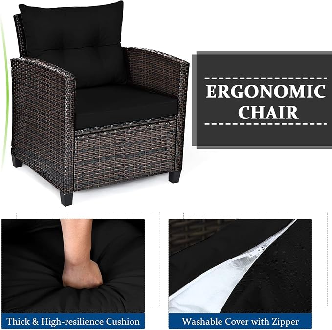 DORTALA Wicker Patio Furniture Set 3 Piece, Outdoor Table and Chairs with Tempered Glass Tabletop, Cushions, Small Rattan Conversation Sofa Set for Balcony, Porch, Backyard, Deck, Black