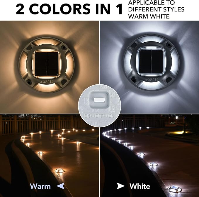 AGPTEK Solar Driveway Lights Outdoor 16 Pack, 2 Color Modes LED Deck Dock | Marine Waterproof Driveway Marker Lights for Step Sidewalk Stair Garden Pathway Walkway Yard (Warm White/Cool White)