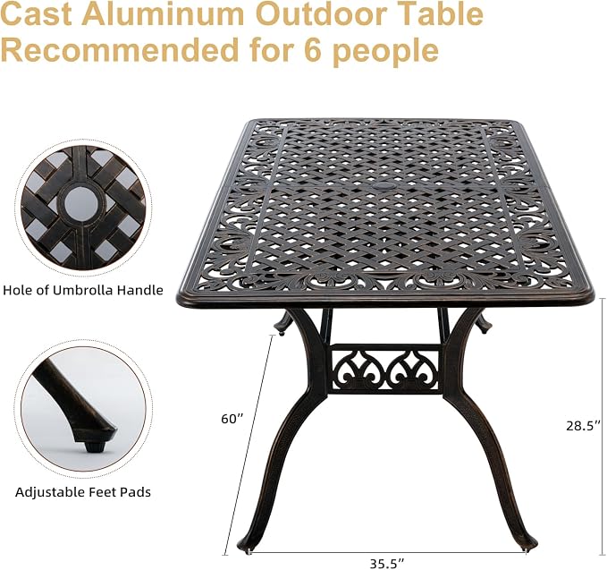 7-Piece Cast Aluminum Outdoor Dining Set, Antique Bronze Patio Furniture for 6 Includes 60" Rectangular Dining Table, 4 Stackable Chairs & 2 Swivel Chairs with Cushions & Umbrella Hole