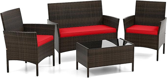 DORTALA Wicker Patio Furniture Set 4 Piece, Outdoor PE Rattan Table & Chairs Set with Tempered Glass Coffee Table, Loveseat, Cushions, Conversation Set for Balcony, Porch, Backyard, Deck, Red