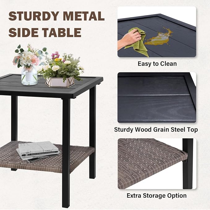 Sunset Escape Wicker Side Table, Rattan Outdoor End Table with Wood Grain Tabletop and 2-Tier Storage for Patio, Balcony and Garden, Black/Brown