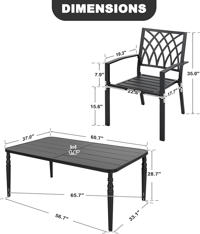 NUU GARDEN 7-Piece Outdoor Metal Dining Set, Well-Ventilated Patio Furniture Set Includes 61” x 37” Table and 6 Stackable Chairs with Lattice Pattern for Garden, Backyard, Poolside, Black