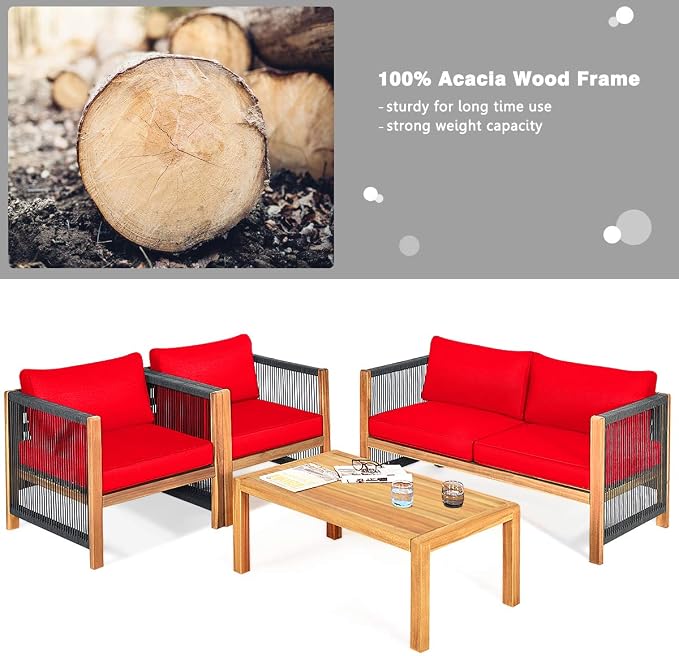Tangkula Outdoor Wood Furniture Set, Acacia Wood Frame Loveseat Sofa, 2 Single Chairs and Coffee Table, 4 Pieces Conversation Set with Cushions, Garden Balcony Poolside Outdoor Living Set (1, Red)