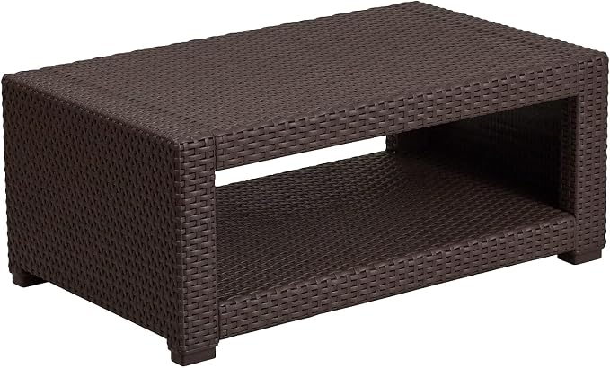 BOWERY HILL Modern Wicker Patio Coffee Table, Chocolate Brown Finish, 36.5 x 22 x 15 in, Resin Frame with Rattan Style Top, Open Shelf, Durable Outdoor Coffee Table for Patio or Deck Use