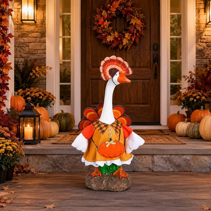 STONESTAR Fall Porch Goose Outfits Turkey Pumpkin Goose Costume for 23" Lawn Geese Statue, Autumn Goose Clothes with Hat for Outdoor Yard Patio Garden Thanksgiving Party Decor