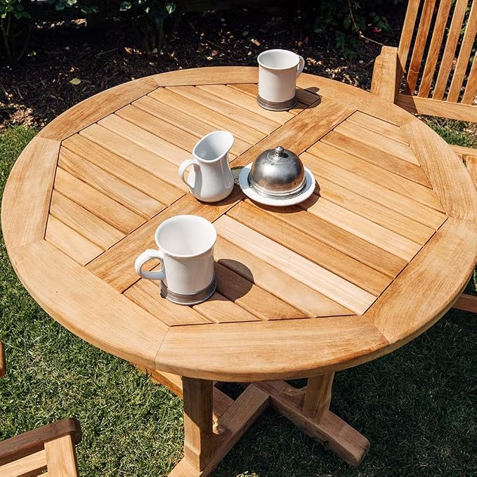 TITAN GREAT OUTDOORS Ash & Ember Luna Grade A Teak Round Dining Table, 35" Teak Wood Table, Weather-Resistant Premium Solid Wood Furniture, Fits Standard Patio Umbrellas, Fits 3 People Comfortably