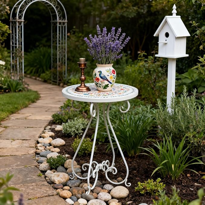 Vintage Outdoor Side Table Round Mosaic Ceramic Tile Top 14" Diameter Metal Plant Stand for Flower Pots Vase Garden Home Porch Pool Indoor Decor Weather Resistant Outside Patio Accent End Furniture