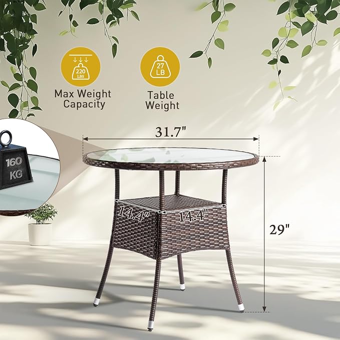 Patio Table for 4-Person with Glass Top, 31.5" Round Outdoor Wicker Dining Table, Double Layer Rattan Bistro Table for Backyard Deck Poolside, Outdoor Furniture Small Space, Brown