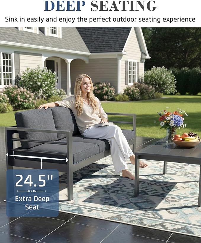 AECOJOY Aluminum Patio Furniture Set, 5 Seats Modern Outdoor Furniture with Coffee Table, 4 Pieces Metal Conversation Sectional Sofa, Dark Gray