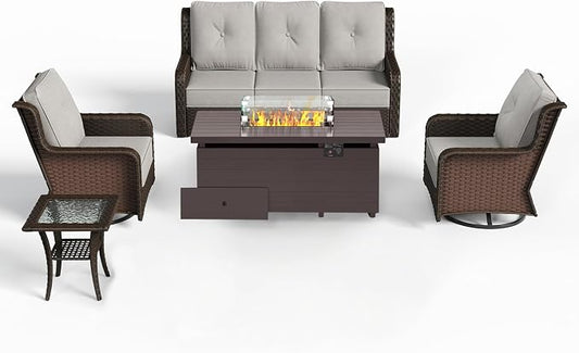 Sundale Outdoor Wicker Patio Furniture Set with Fire Pit, 5 Piece All Weather Outdoor Furniture Set with Swivel Chairs & Couch, High Back Patio Conversation Sets with 6" Cushions for Yard, Deck (Grey)