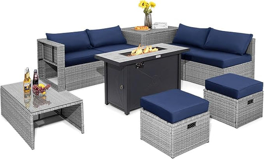 Tangkula 9 PCS Patio Furniture Set with 42” 60,000 BTU Fire Pit, Outdoor Space-Saving Sectional Sofa Set with Storage Box, Waterproof Covers Included (Navy)