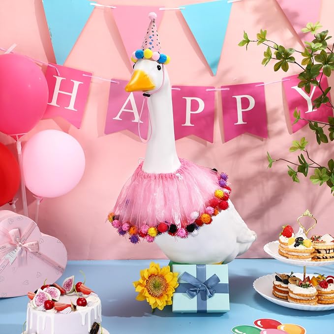 Birthday Porch Goose Outfit Lawn Clothes Hat and Tutu Collar Plastic Outfits for 23" 17" Cement Goose Outdoor Garden Lawn Art Decor(Pink,Plush Ball)